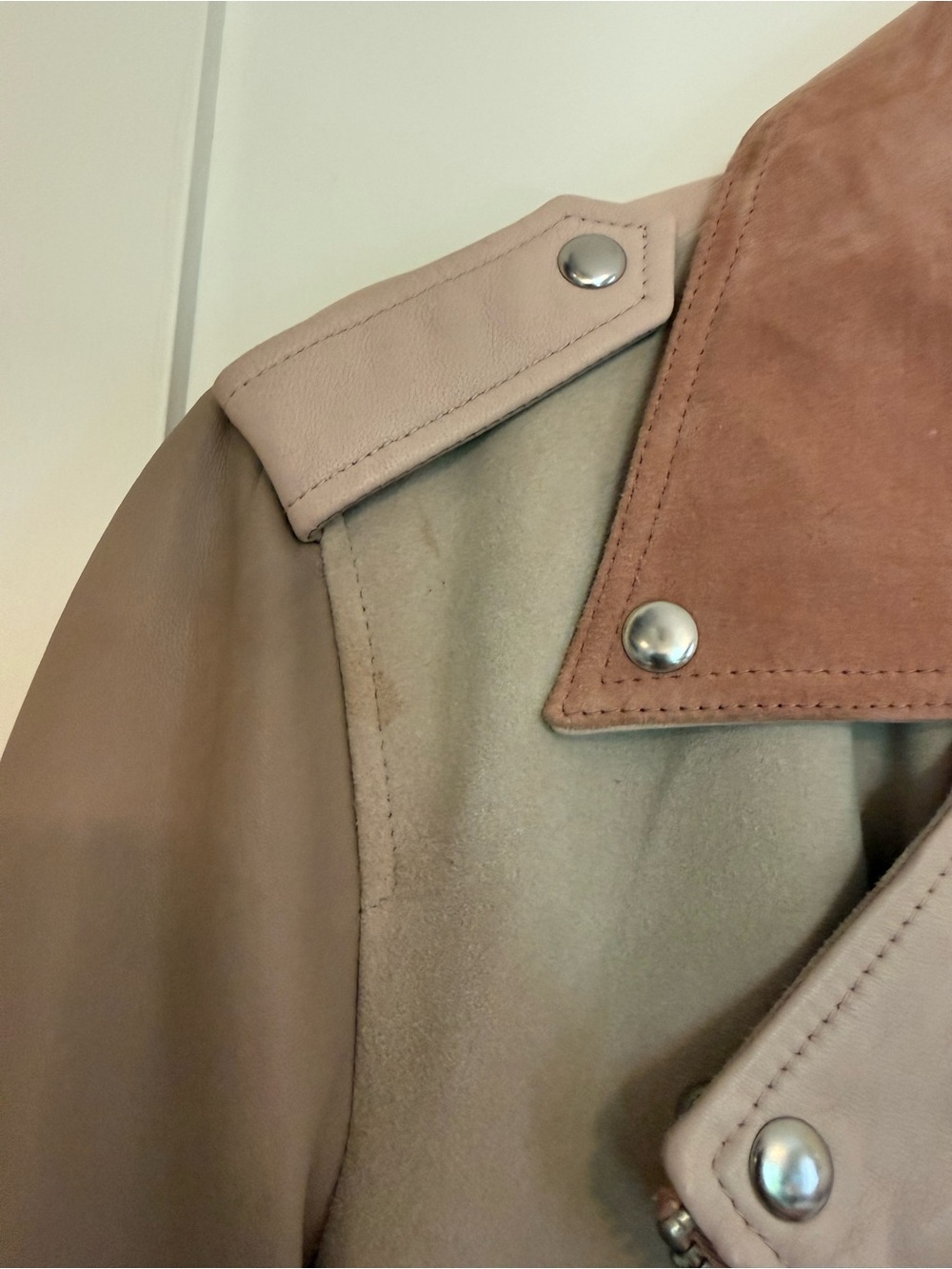 AllSaints Two-Tone Pink-Taupe Leather & Suede Biker Jacket - Picture 5 of 5